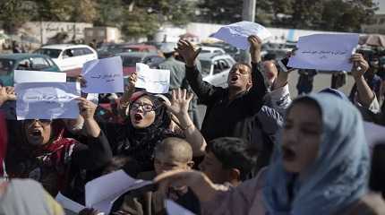 Afghan women chant during a protest in Kabul