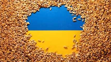 Ukrainian flag is covered with grains,.