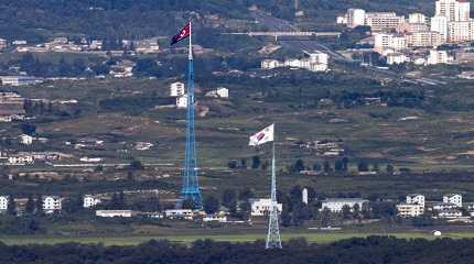 Flags of North Korea, rear, and South Korea