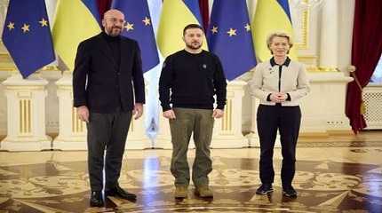 Volodymyr Zelenskiy, Ursula von der Leyen and Charles Michel