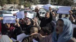 Afghan women chant during a protest in Kabul