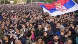 People march during a protest against violence in Belgrade