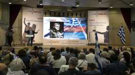 Dimitris Natsios addresses supporters during an election rally